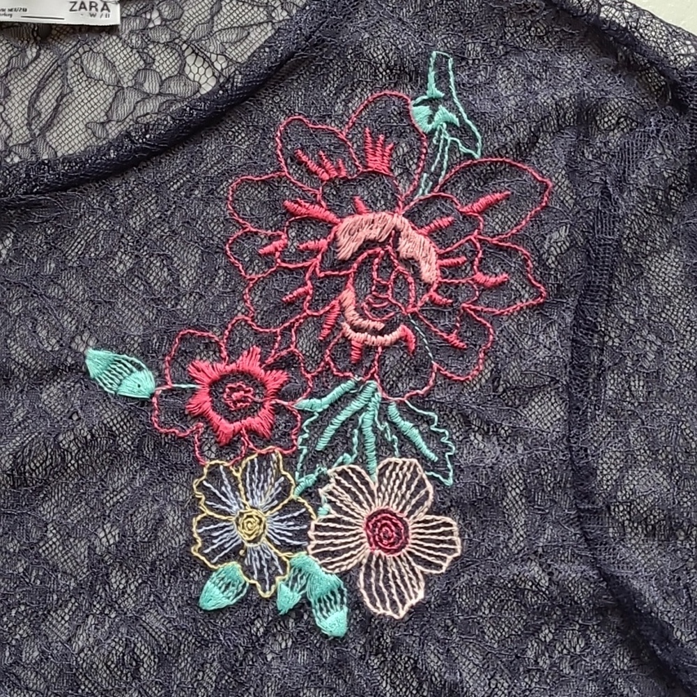 Zara Sheer Embroidered Floral Lace Top Navy Blue - Picture 6 of 8